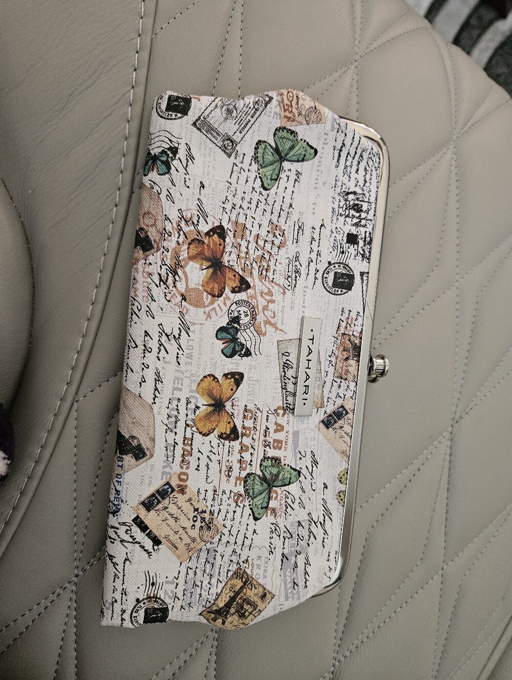 Tahari White Kiss Lock Wallet With Multicolor Butterflies And Postage Stamps